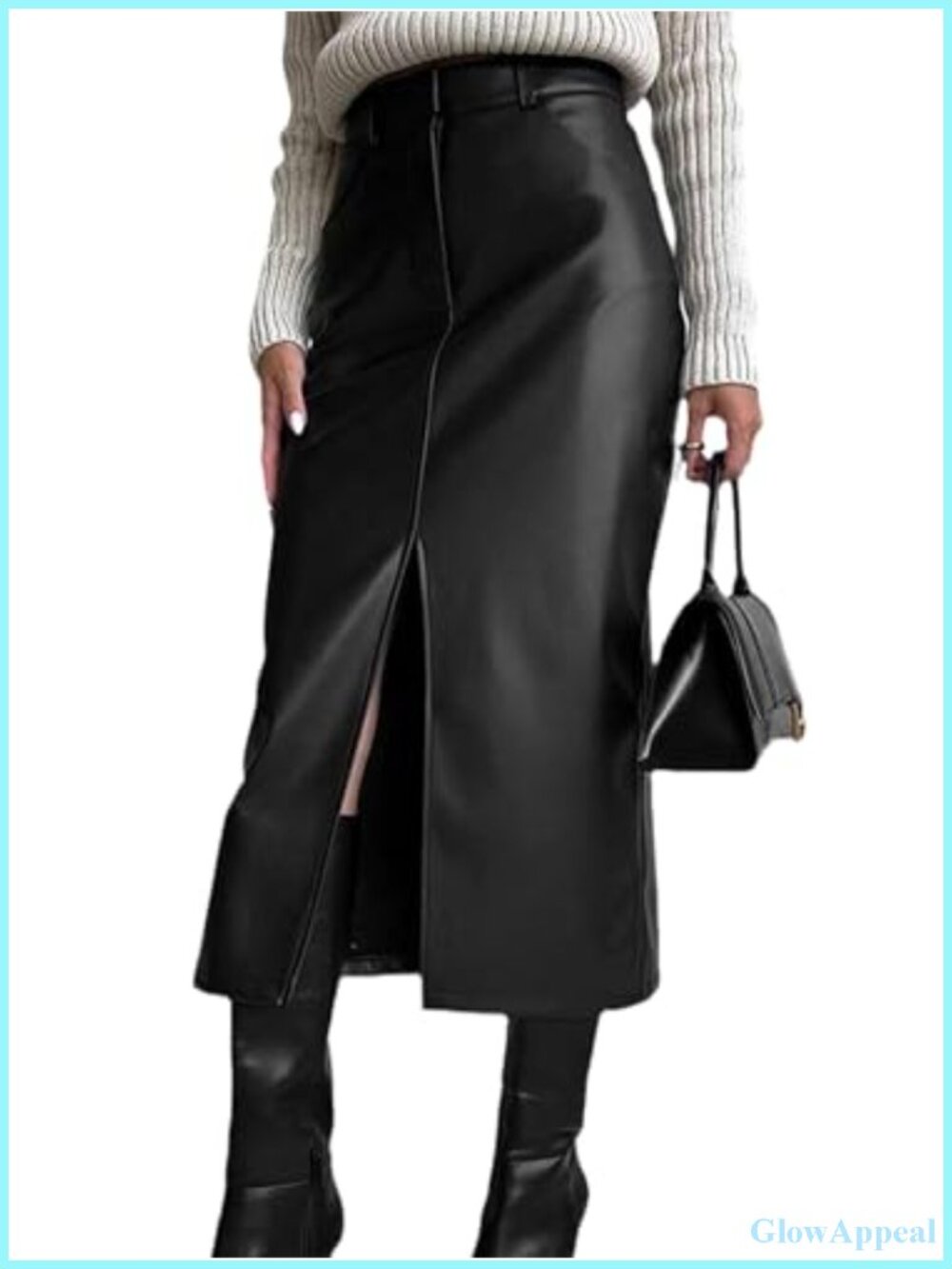 Faux Leather High Waisted Bodycon Split Midi Pencil Skirt